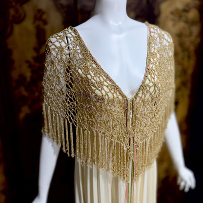 FRANK USHER vintage evening gown dress, 1970s Cream pleat Gold crochet fringe slip dress