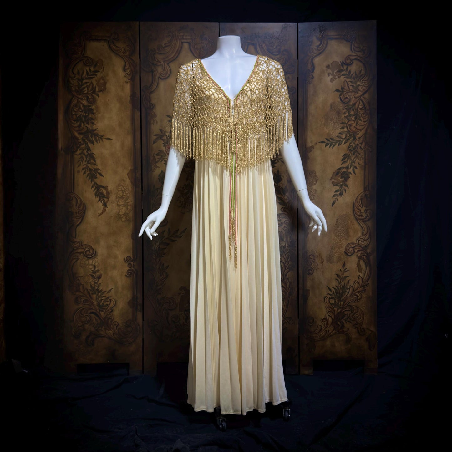 FRANK USHER vintage evening gown dress, 1970s Cream pleat Gold crochet fringe slip dress