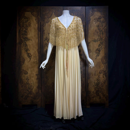 FRANK USHER vintage evening gown dress, 1970s Cream pleat Gold crochet fringe slip dress