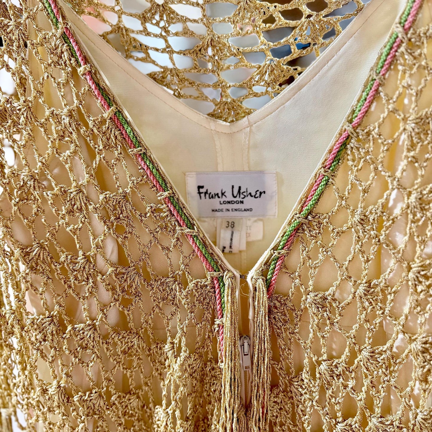 FRANK USHER vintage evening gown dress, 1970s Cream pleat Gold crochet fringe slip dress