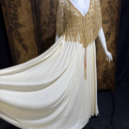 FRANK USHER vintage evening gown dress, 1970s Cream pleat Gold crochet fringe slip dress