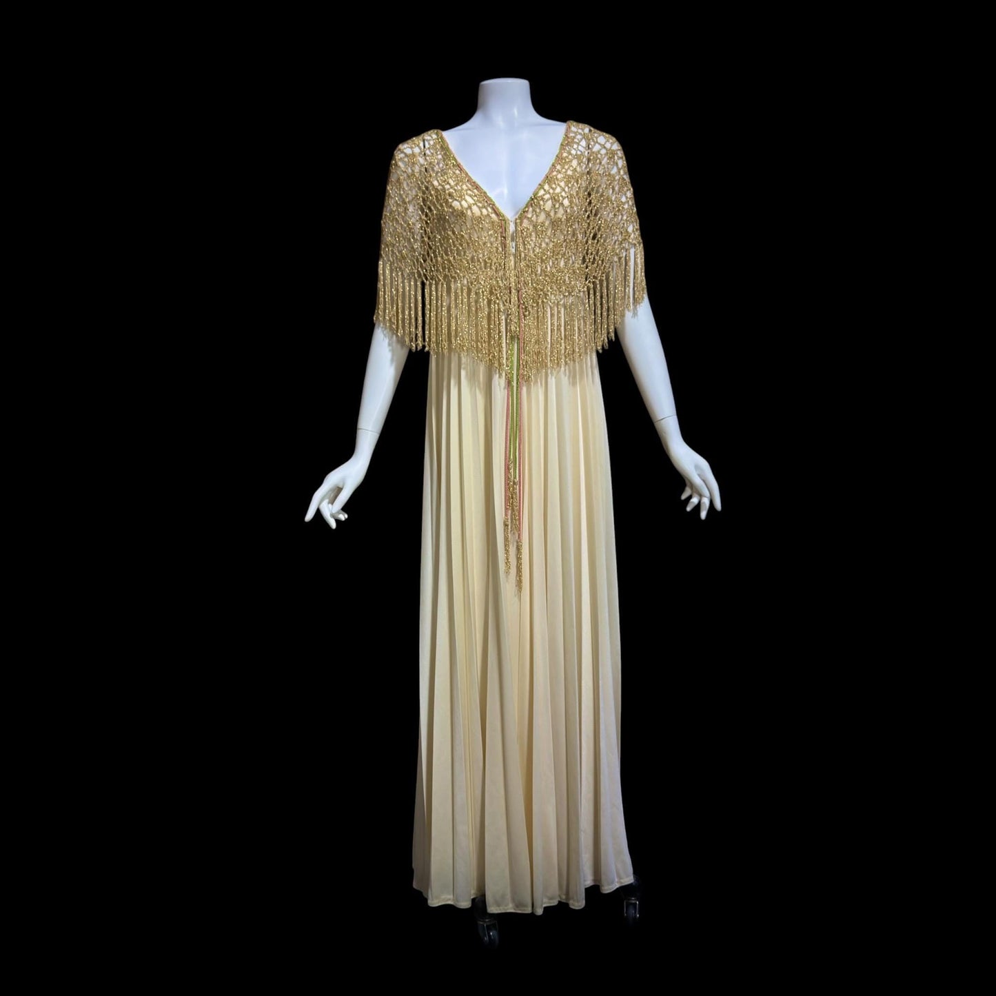 FRANK USHER vintage evening gown dress, 1970s Cream pleat Gold crochet fringe slip dress