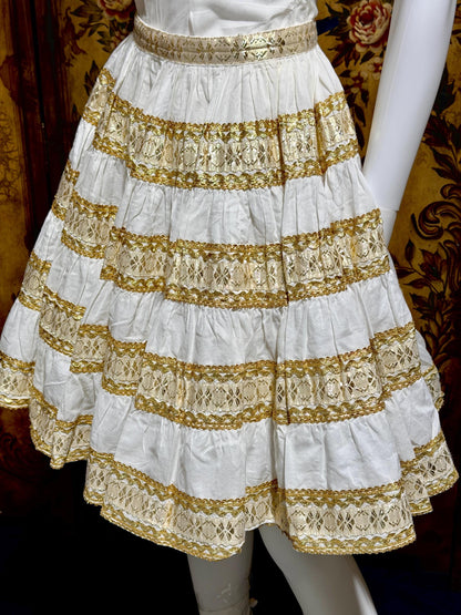 1950s vintage Patio Fiesta Dress, White Cotton Gold metallic 2 pc dress top & skirt