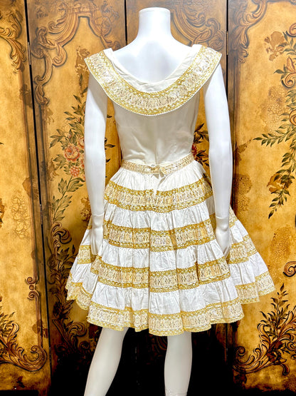 1950s vintage Patio Fiesta Dress, White Cotton Gold metallic 2 pc dress top & skirt