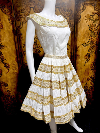 1950s vintage Patio Fiesta Dress, White Cotton Gold metallic 2 pc dress top & skirt