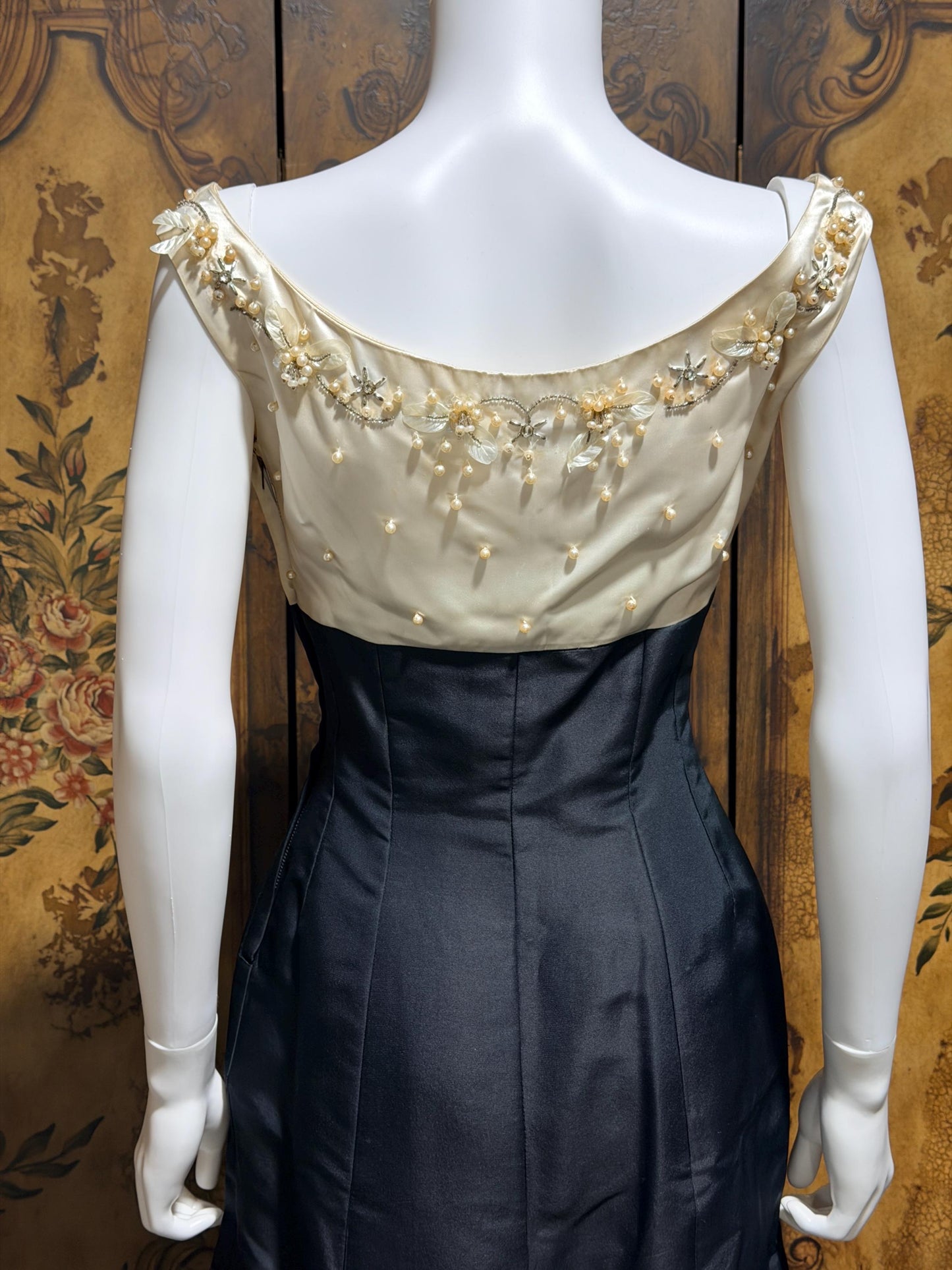 SEYMOUR JACOBSON vintage 1950s cocktail party dress, black silk evening dress