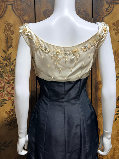 SEYMOUR JACOBSON vintage 1950s cocktail party dress, black silk evening dress