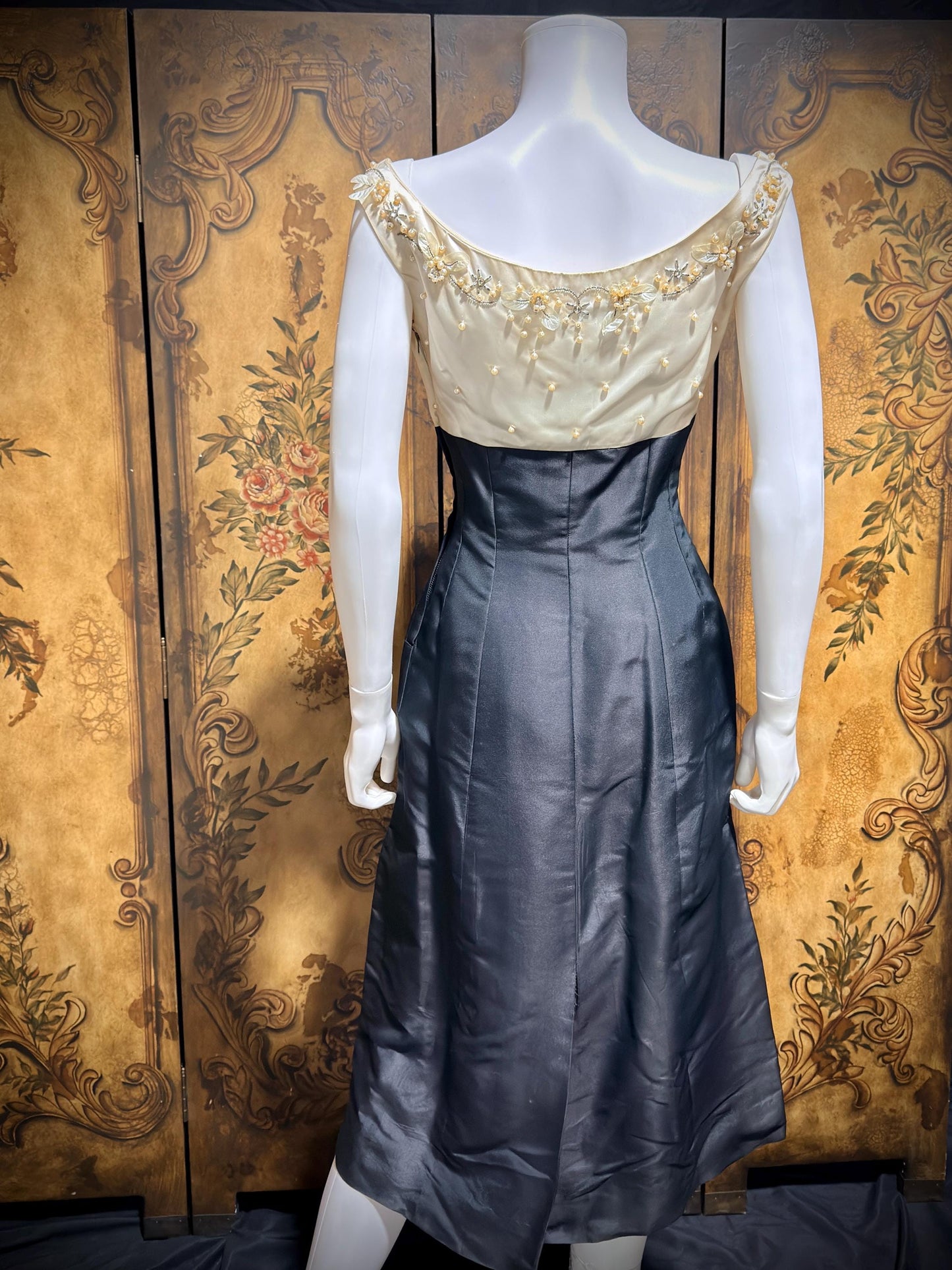 SEYMOUR JACOBSON vintage 1950s cocktail party dress, black silk evening dress