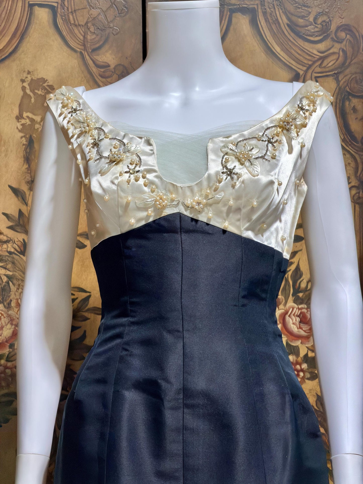 SEYMOUR JACOBSON vintage 1950s cocktail party dress, black silk evening dress