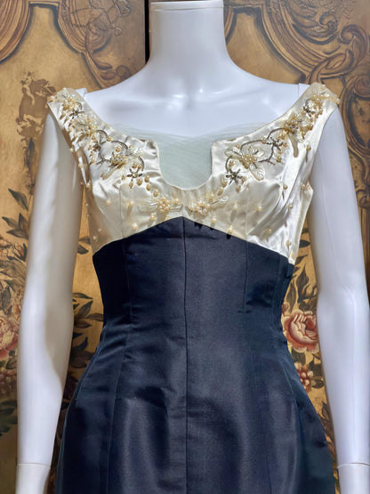 SEYMOUR JACOBSON vintage 1950s cocktail party dress, black silk evening dress