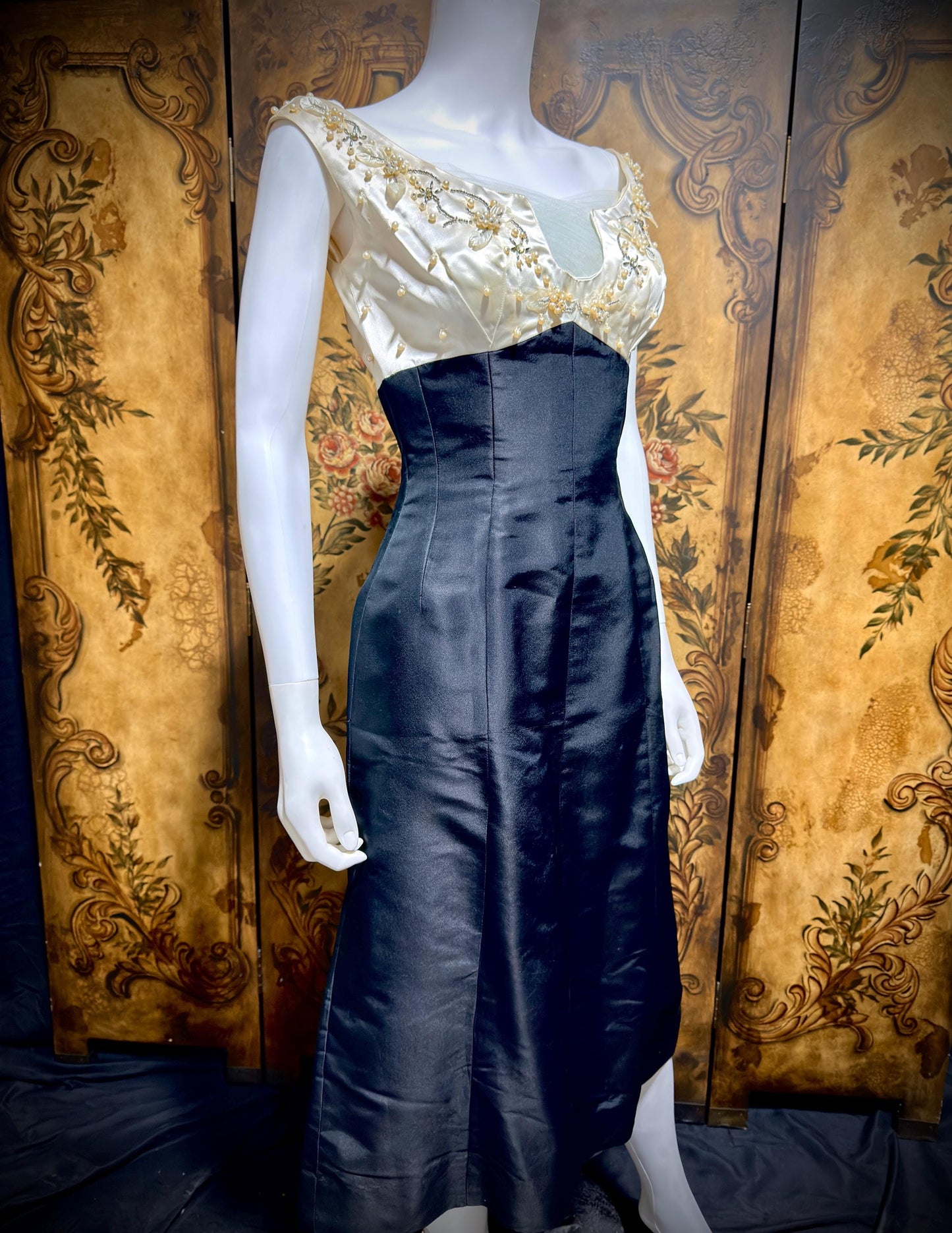 SEYMOUR JACOBSON vintage 1950s cocktail party dress, black silk evening dress