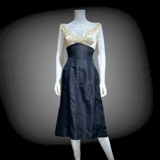 SEYMOUR JACOBSON vintage 1950s cocktail party dress, black silk evening dress