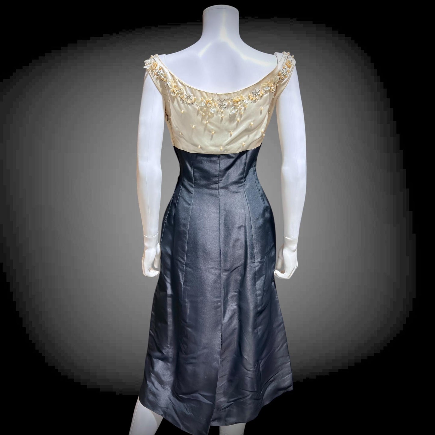 SEYMOUR JACOBSON vintage 1950s cocktail party dress, black silk evening dress