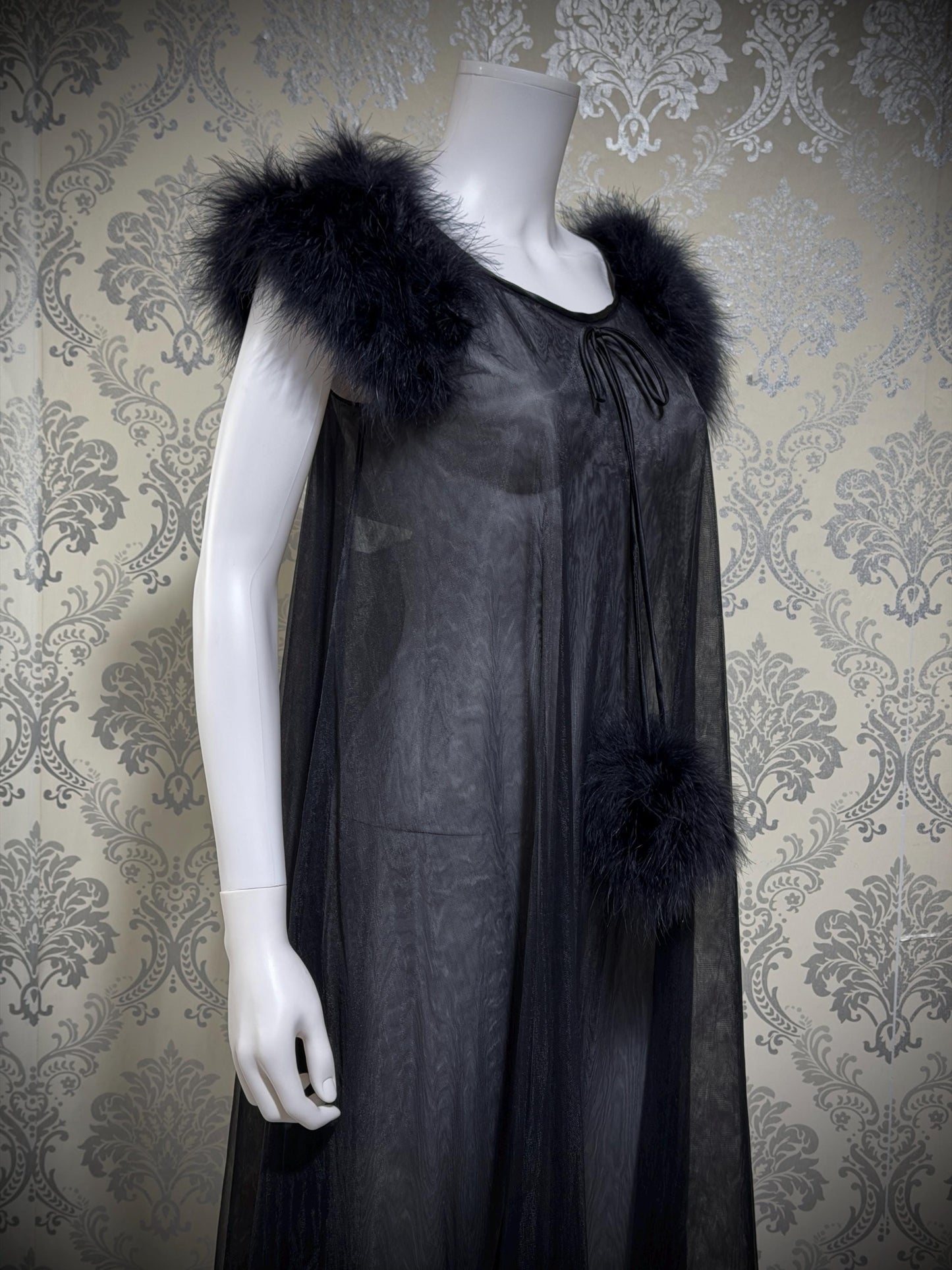 JENELLE Vintage nightgown caftan dress, 1960s Sheer black nylon with marabou lingerie dress