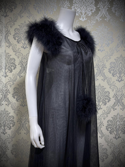 JENELLE Vintage nightgown caftan dress, 1960s Sheer black nylon with marabou lingerie dress