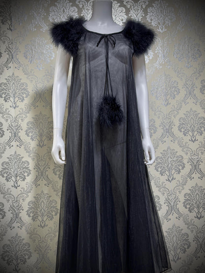 JENELLE Vintage nightgown caftan dress, 1960s Sheer black nylon with marabou lingerie dress