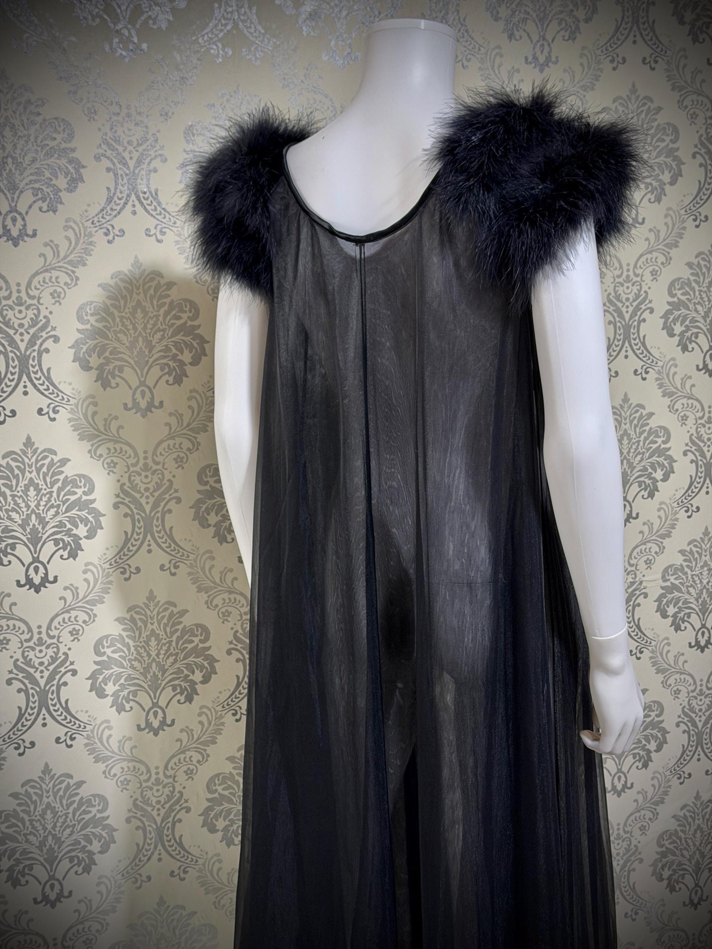 JENELLE Vintage nightgown caftan dress, 1960s Sheer black nylon with marabou lingerie dress