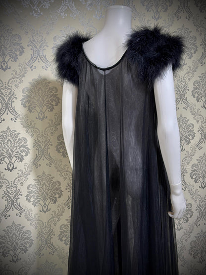 JENELLE Vintage nightgown caftan dress, 1960s Sheer black nylon with marabou lingerie dress