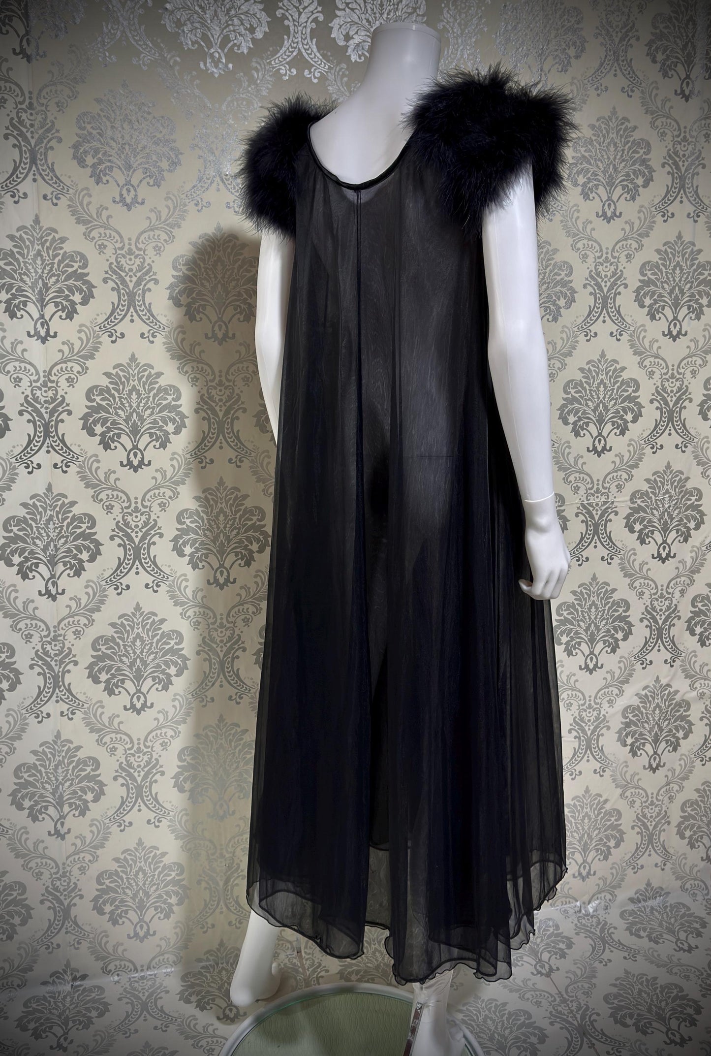 JENELLE Vintage nightgown caftan dress, 1960s Sheer black nylon with marabou lingerie dress