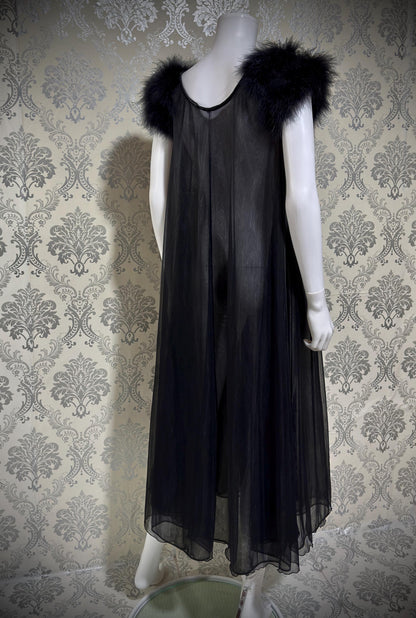 JENELLE Vintage nightgown caftan dress, 1960s Sheer black nylon with marabou lingerie dress