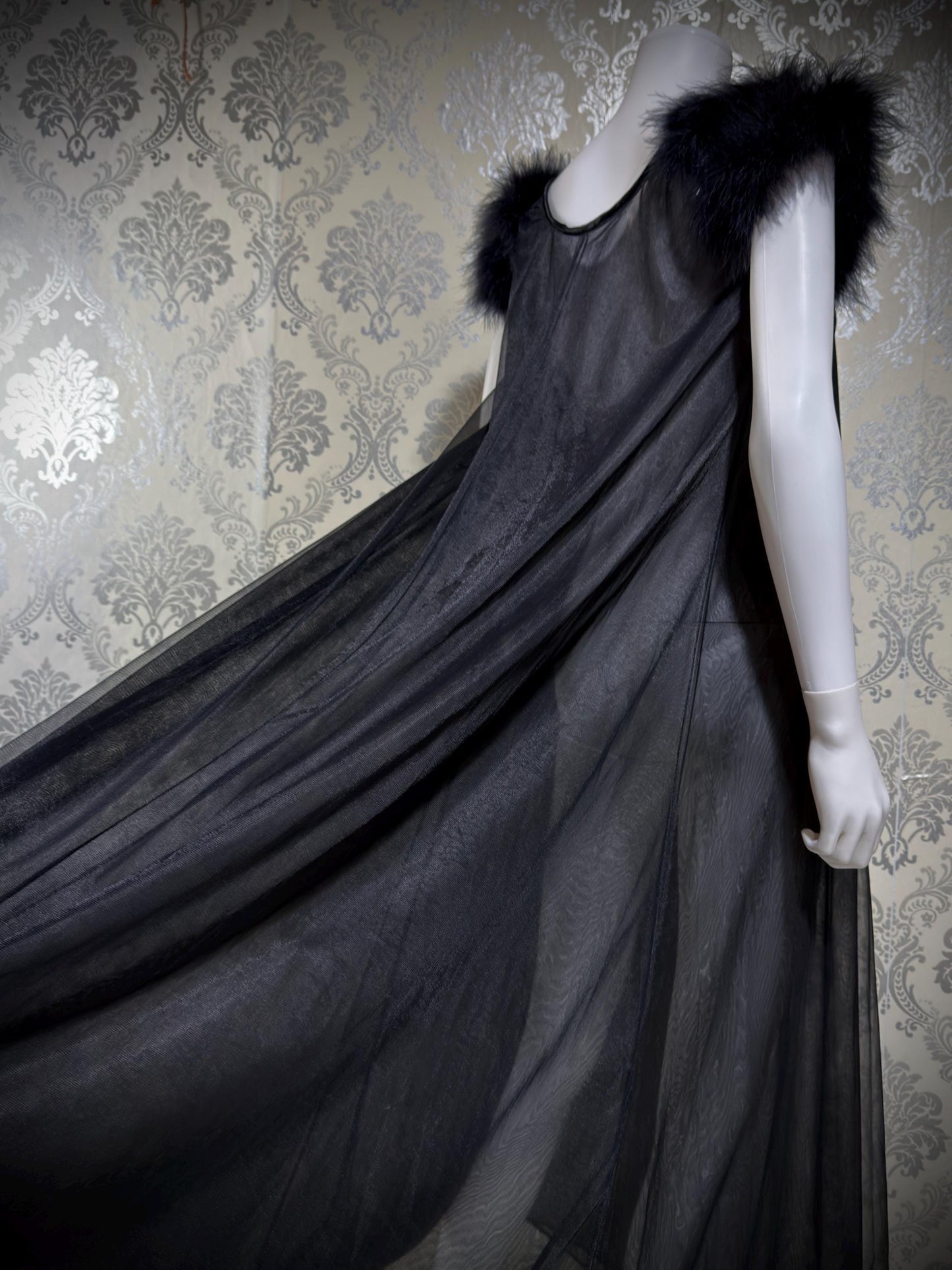 JENELLE Vintage nightgown caftan dress, 1960s Sheer black nylon with marabou lingerie dress
