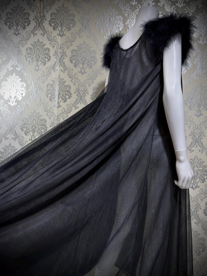 JENELLE Vintage nightgown caftan dress, 1960s Sheer black nylon with marabou lingerie dress