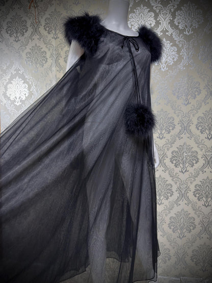 JENELLE Vintage nightgown caftan dress, 1960s Sheer black nylon with marabou lingerie dress
