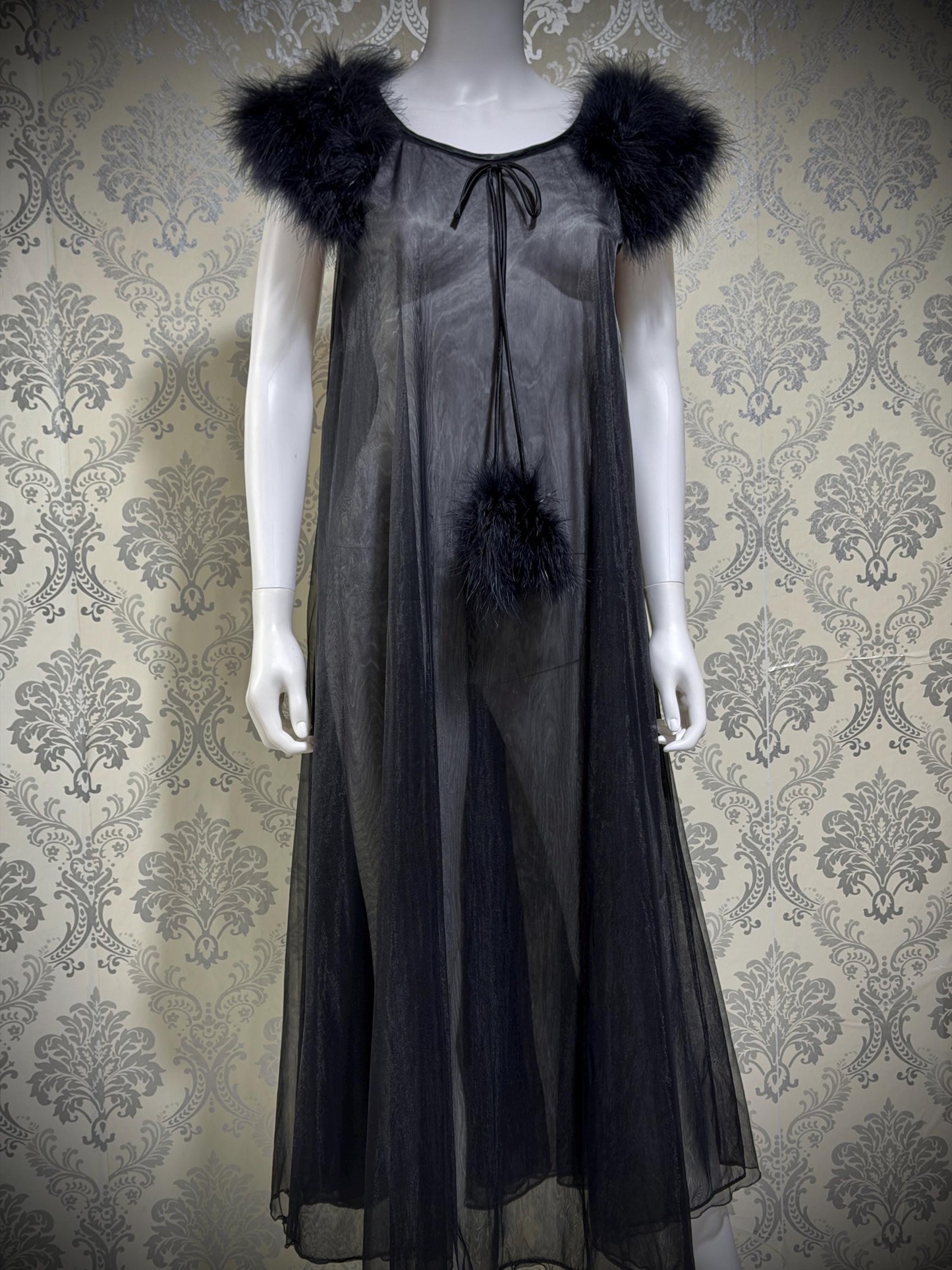 JENELLE Vintage nightgown caftan dress, 1960s Sheer black nylon with marabou lingerie dress