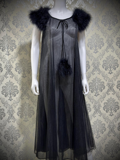JENELLE Vintage nightgown caftan dress, 1960s Sheer black nylon with marabou lingerie dress