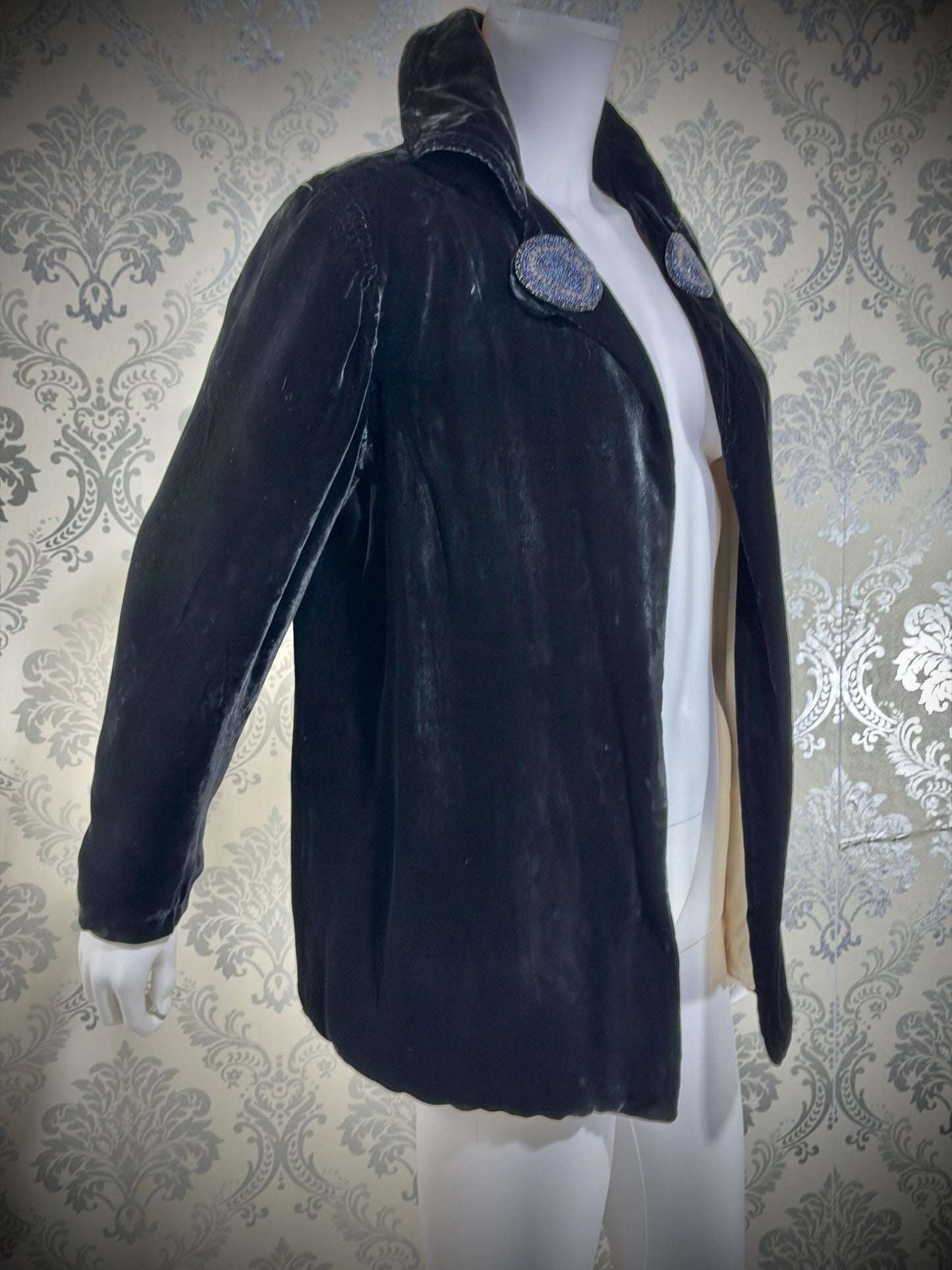 1930s Vintage Velvet Evening Jacket, Black Silk Velvet Swing Cocktail Coat