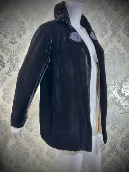 1930s Vintage Velvet Evening Jacket, Black Silk Velvet Swing Cocktail Coat