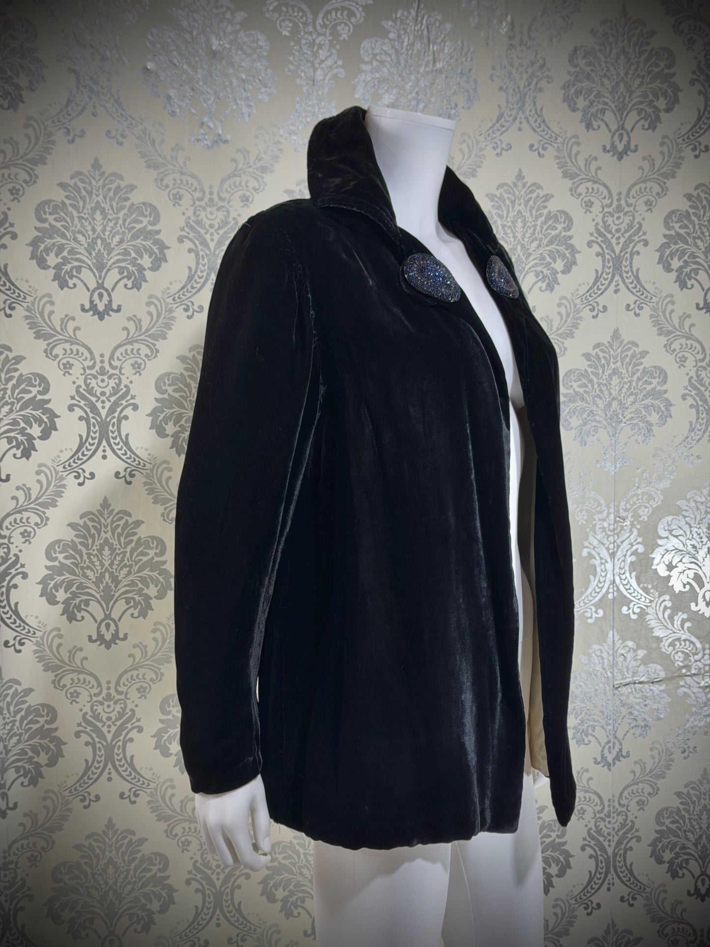 1930s Vintage Velvet Evening Jacket, Black Silk Velvet Swing Cocktail Coat
