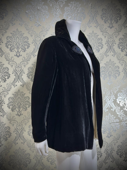 1930s Vintage Velvet Evening Jacket, Black Silk Velvet Swing Cocktail Coat