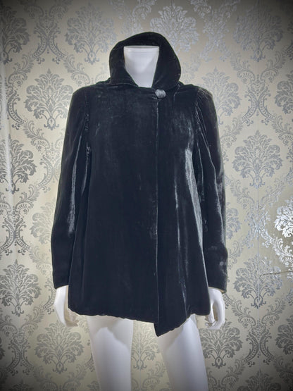 1930s Vintage Velvet Evening Jacket, Black Silk Velvet Swing Cocktail Coat