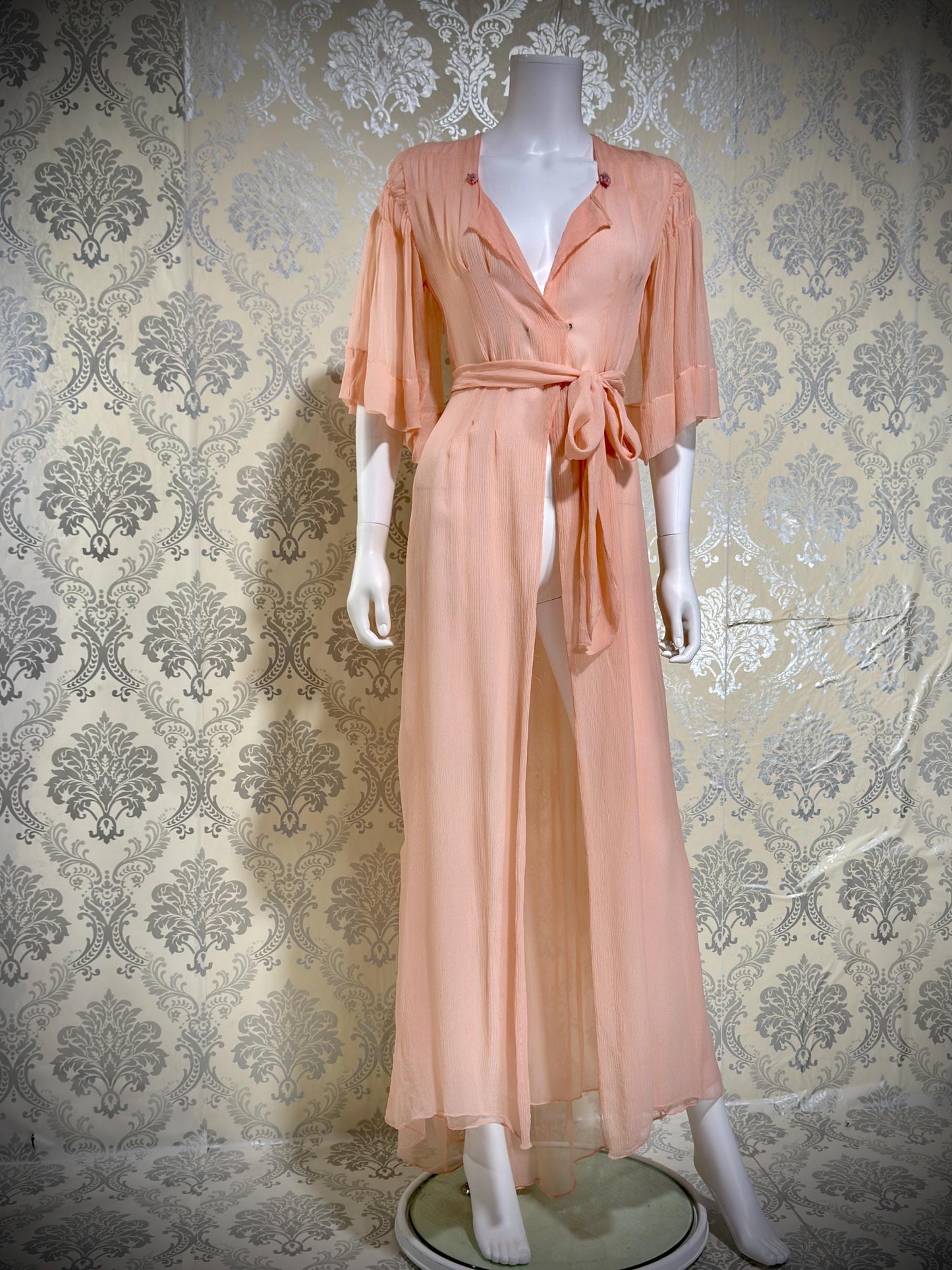 1930s Vintage silk dressing gown robe, peachy pink silk chiffon housecoat lingerie dress