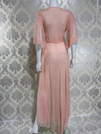 1930s Vintage silk dressing gown robe, peachy pink silk chiffon housecoat lingerie dress