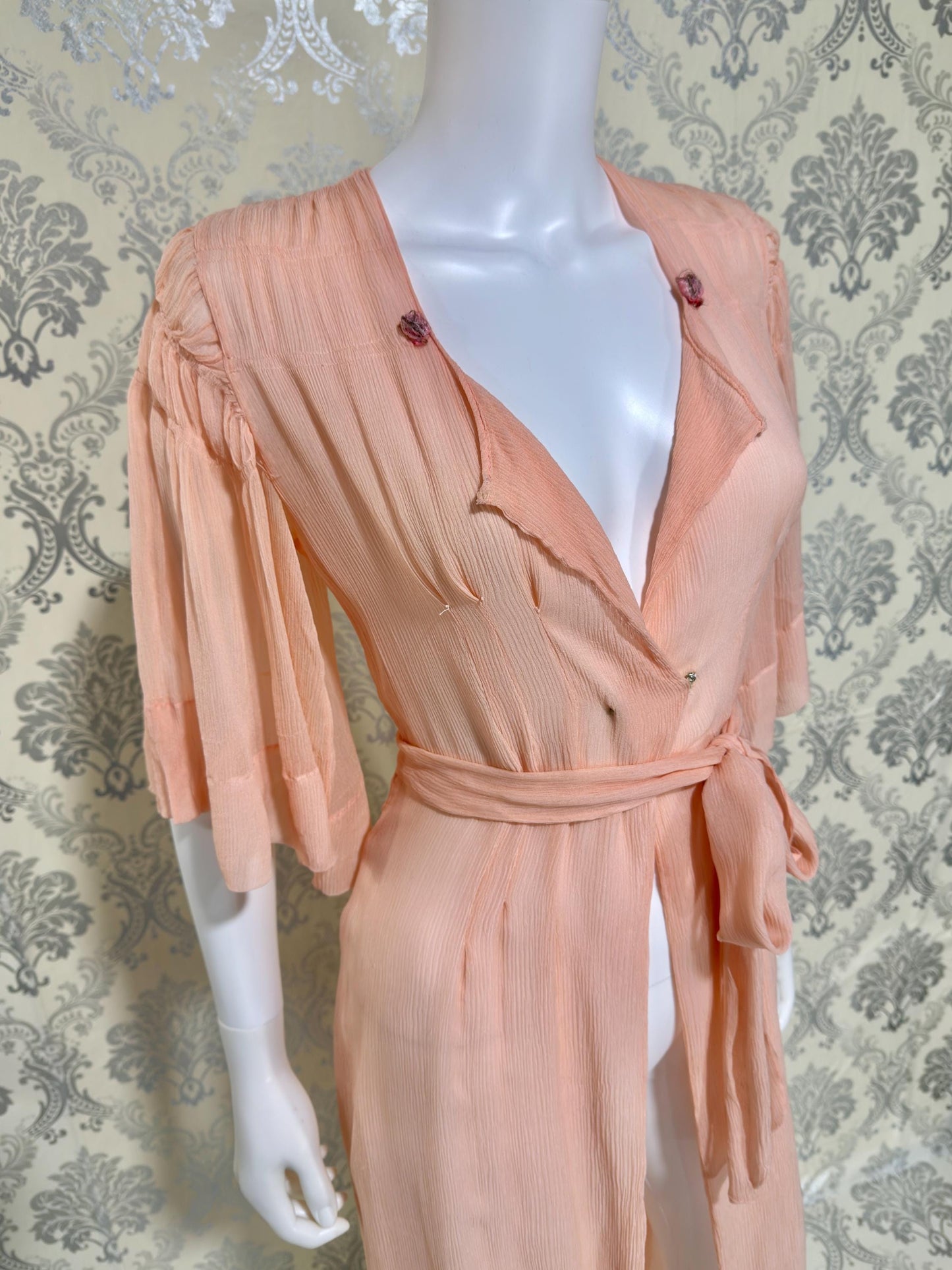 1930s Vintage silk dressing gown robe, peachy pink silk chiffon housecoat lingerie dress