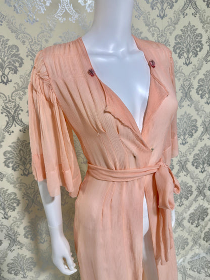 1930s Vintage silk dressing gown robe, peachy pink silk chiffon housecoat lingerie dress