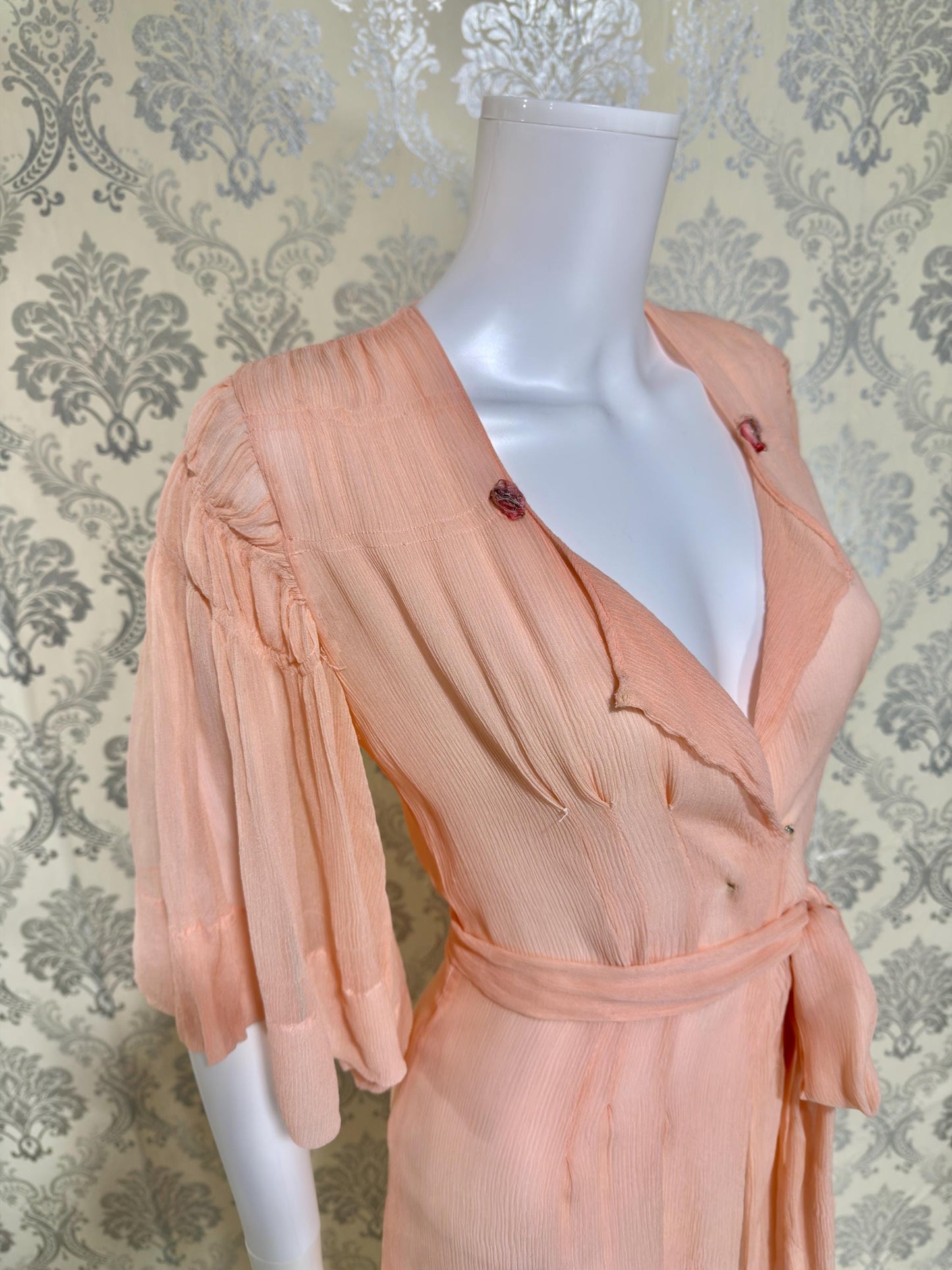 1930s Vintage silk dressing gown robe, peachy pink silk chiffon housecoat lingerie dress