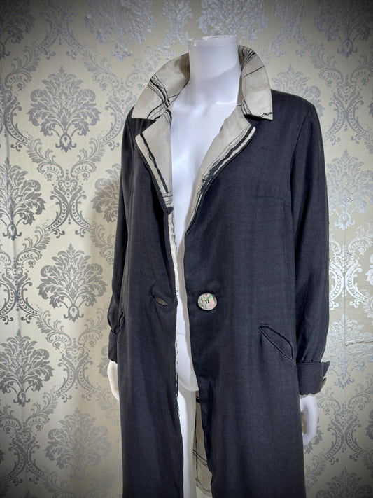 MR BLACKWELL CUSTOM Vintage 1960s linen coat, Black linen silk combo Spring Dress coat