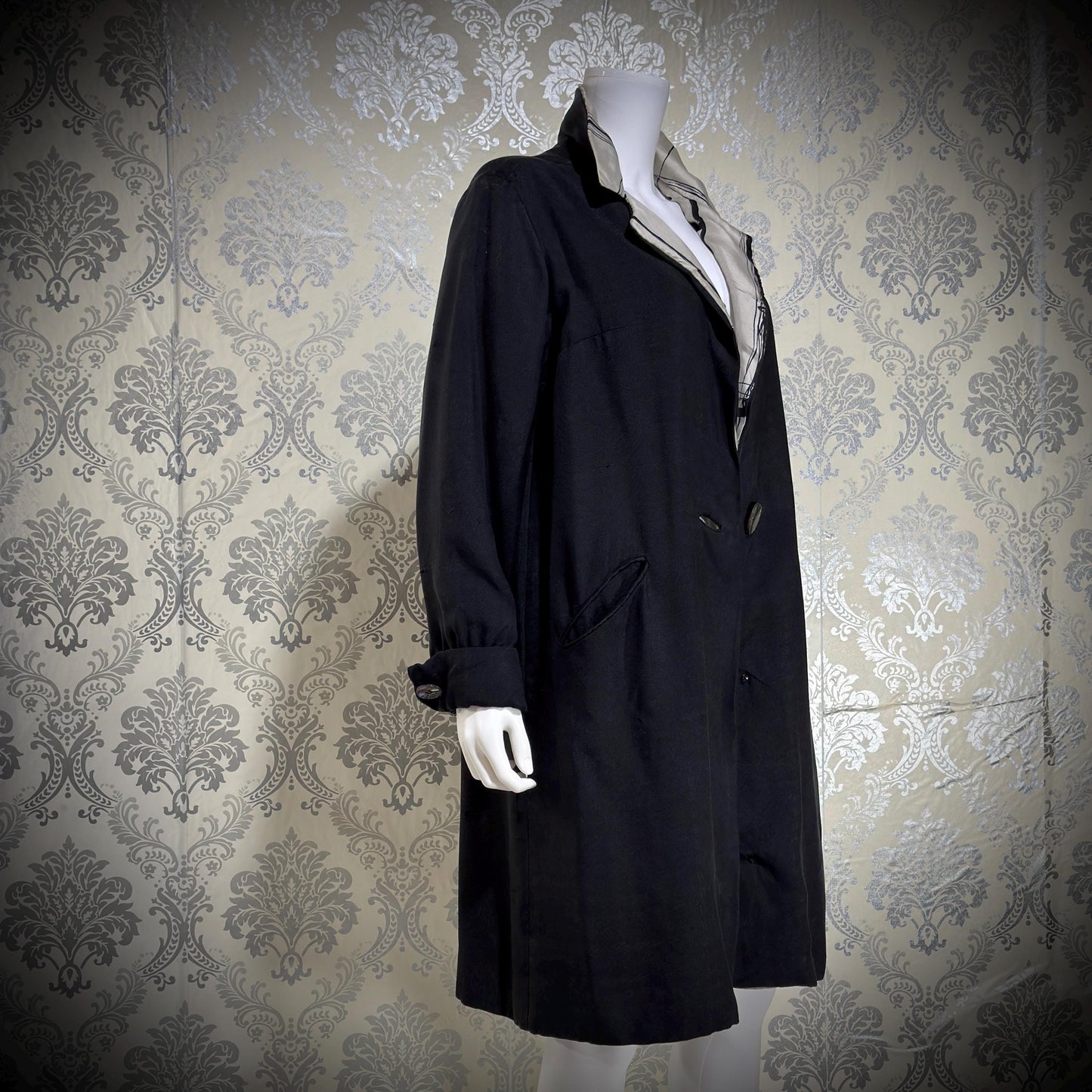 MR BLACKWELL CUSTOM Vintage 1960s linen coat, Black linen silk combo Spring Dress coat