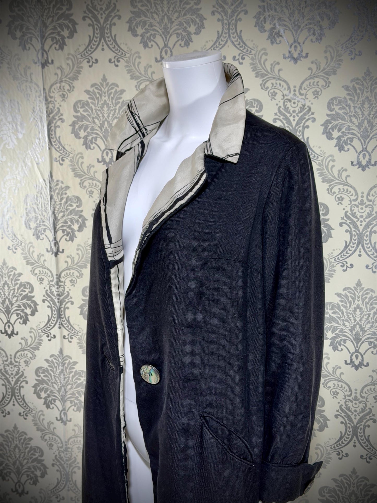 MR BLACKWELL CUSTOM Vintage 1960s linen coat, Black linen silk combo Spring Dress coat