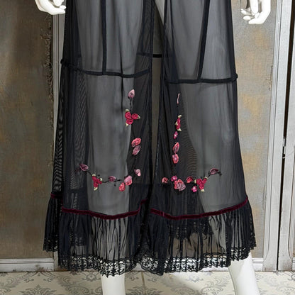 SUE WONG vintage Y2K evening coat duster, Sheer Black Mesh Rosette maxi robe