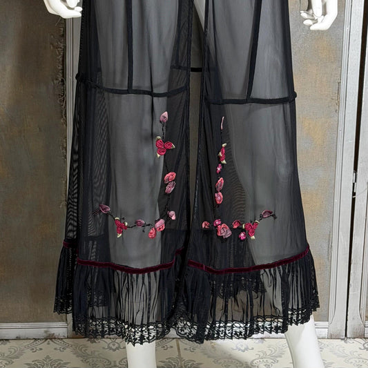 SUE WONG vintage Y2K evening coat duster, Sheer Black Mesh Rosette maxi robe