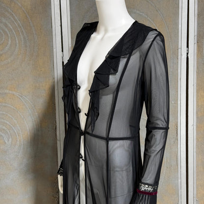 SUE WONG vintage Y2K evening coat duster, Sheer Black Mesh Rosette maxi robe