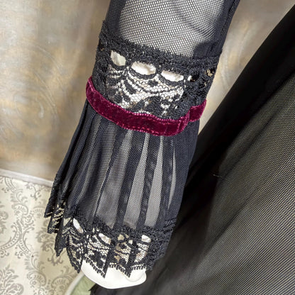 SUE WONG vintage Y2K evening coat duster, Sheer Black Mesh Rosette maxi robe