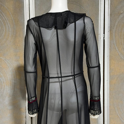 SUE WONG vintage Y2K evening coat duster, Sheer Black Mesh Rosette maxi robe