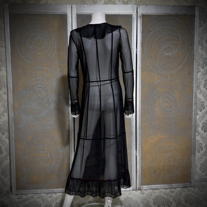 SUE WONG vintage Y2K evening coat duster, Sheer Black Mesh Rosette maxi robe