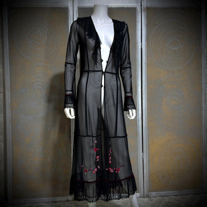 SUE WONG vintage Y2K evening coat duster, Sheer Black Mesh Rosette maxi robe