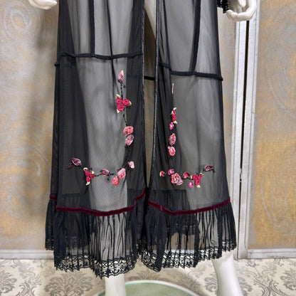 SUE WONG vintage Y2K evening coat duster, Sheer Black Mesh Rosette maxi robe